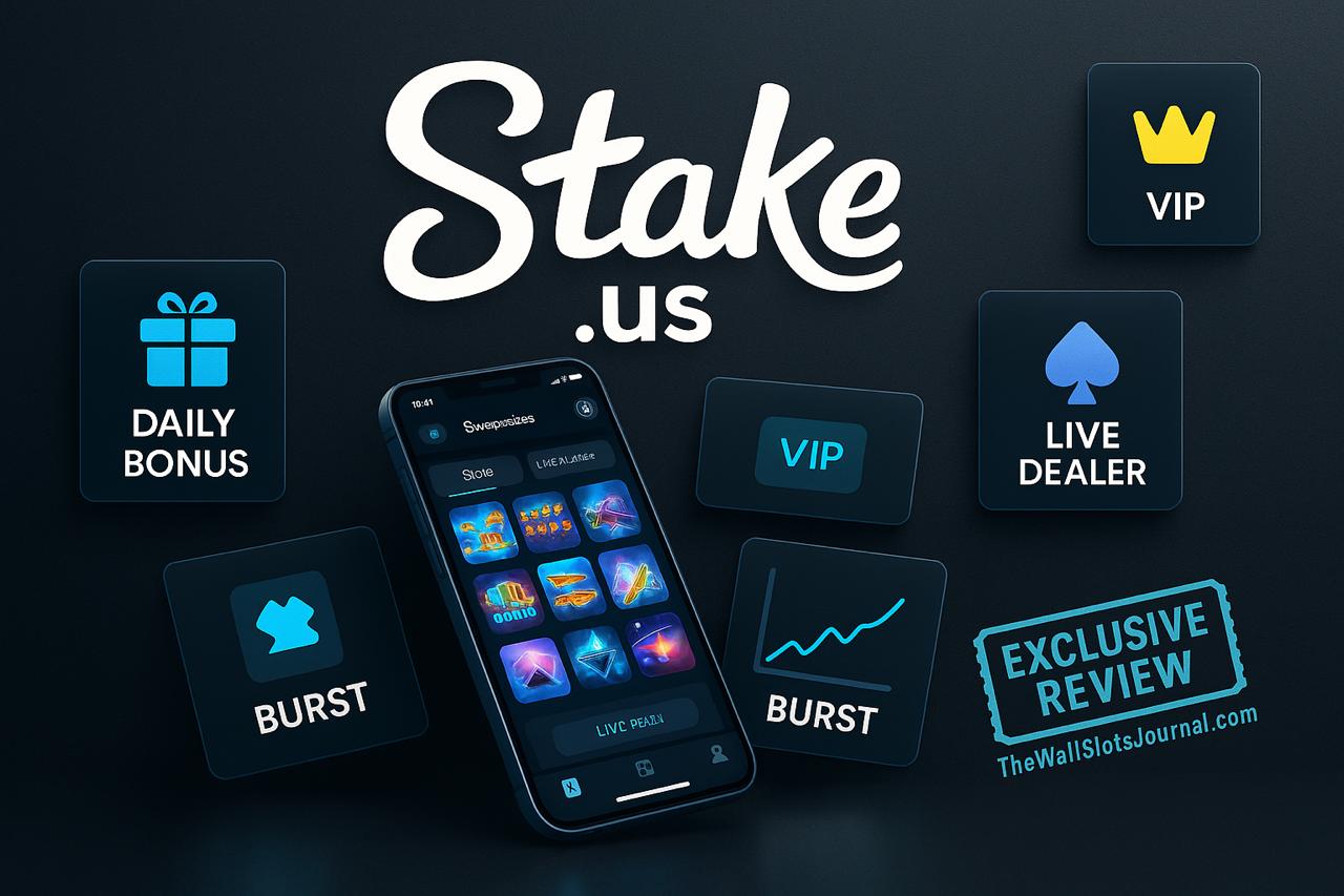 Stake US Texas review cover showing Stake.us sweepstakes casino slots, daily bonus and VIP, plus burst game chart