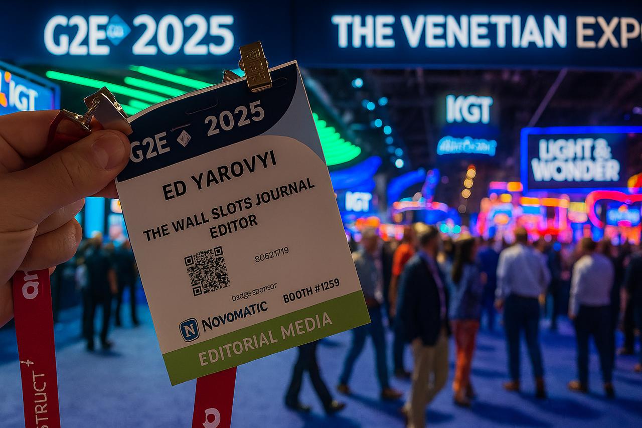 Editorial Media badge for G2E 2025 at The Venetian Expo, Las Vegas with busy expo floor, LED lighting and Novomatic booth in background