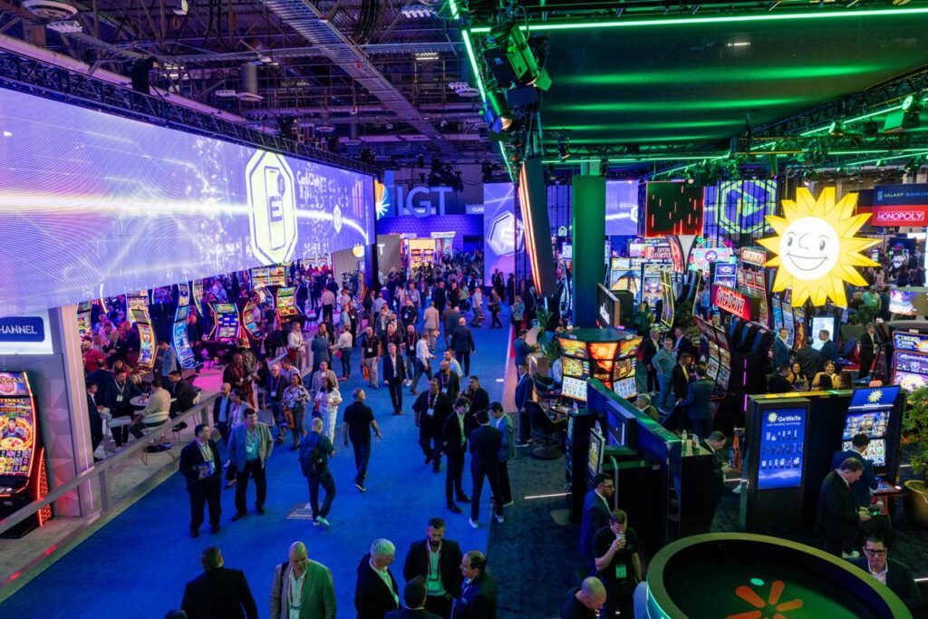 G2E 2025 expo floor at The Venetian Expo in Las Vegas, wide crowd view with IGT and slot manufacturer showcases